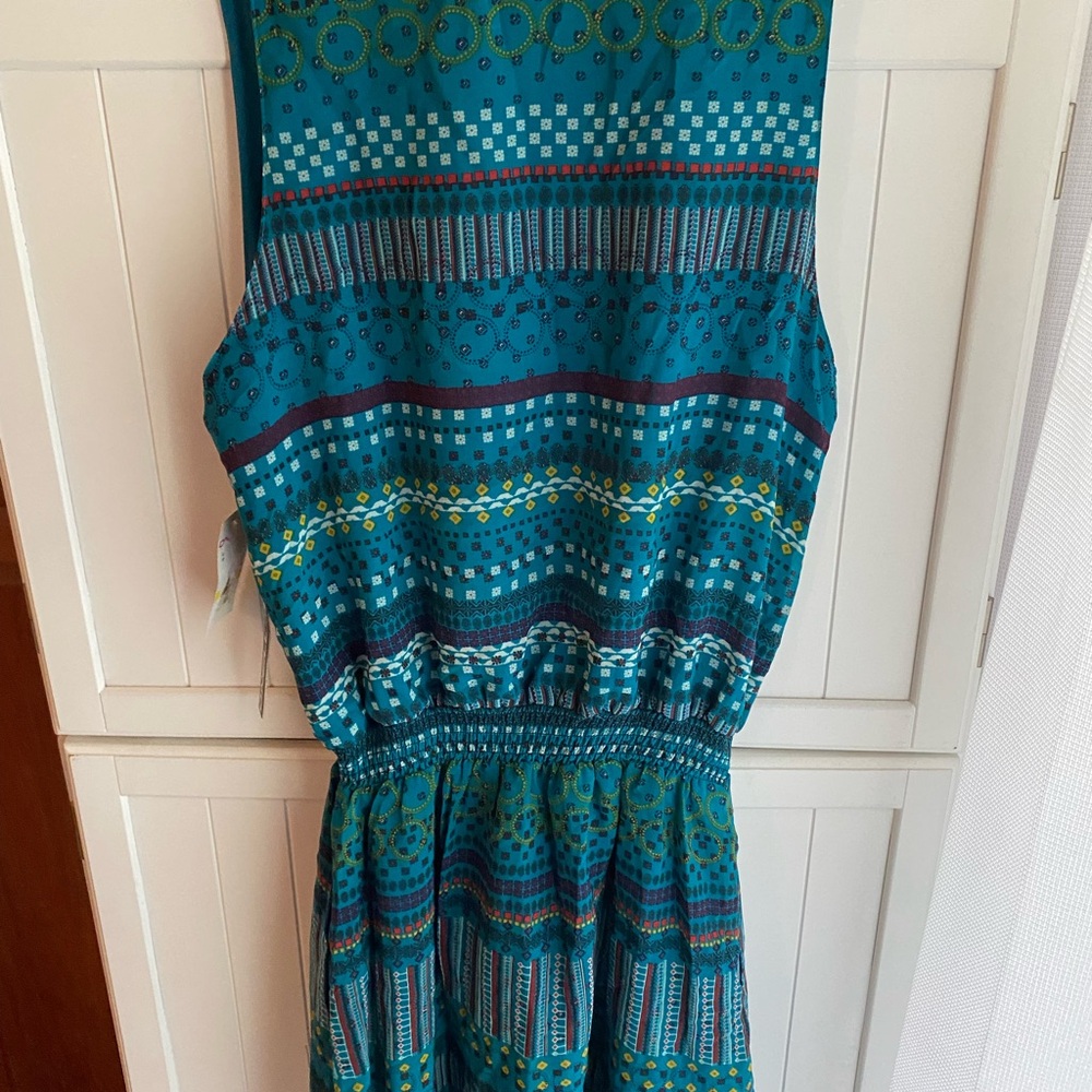 O'Neill Teal and Blue Patterned Dress with elastic waist and snap tank top style - Picture 4 of 5